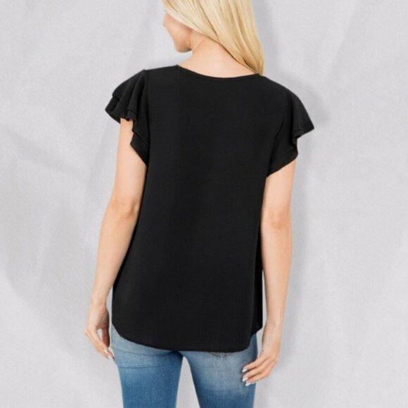 You & Me Top Layered Ruffle Short Sleeve Stretchable Round Neckline Black W XL - Picture 2 of 4